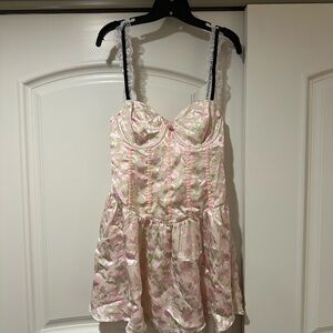 For Love & Lemons Pink Floral Satin Bustier Slip Dress